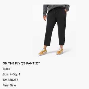 Lululemon on the fly pant 7/8 black excellent condition sz 4. 27” inseam.